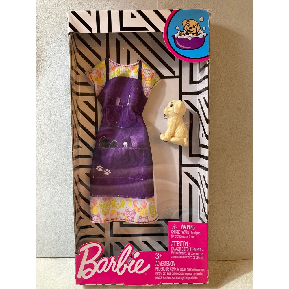 Barbie Pet Groomer Fashion Pack Purple Apron Dress with Tan Puppy GHX37 NIB